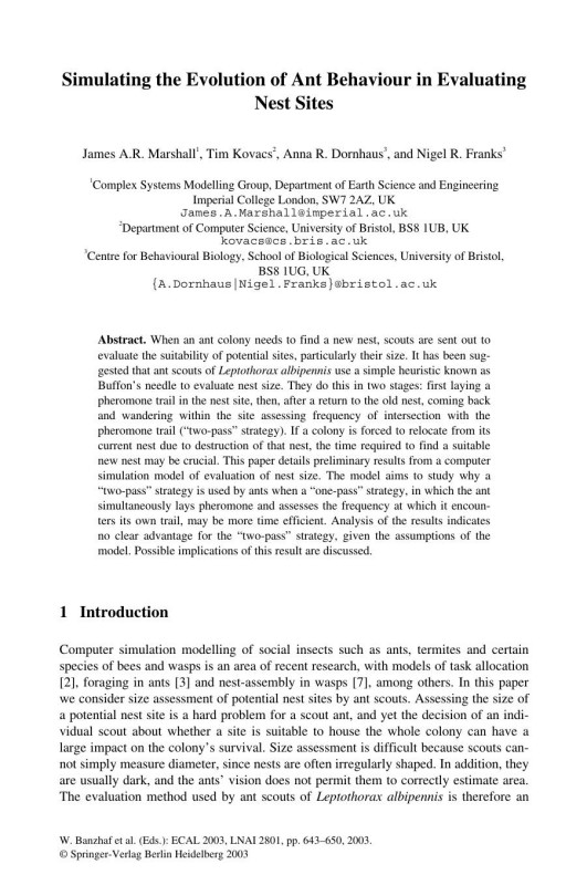 Cover of LNAI 2801 - Simulating the Evolution of Ant Behaviour in Evaluating Nest Sites