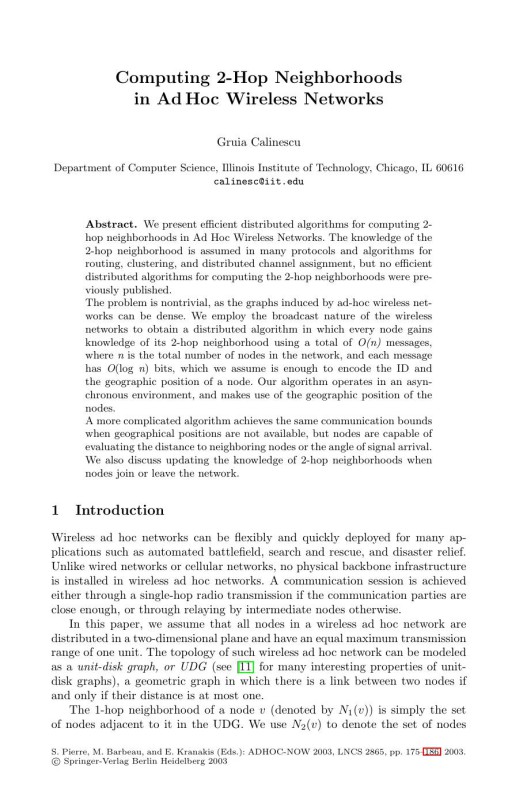 Cover of LNCS 2865 - Computing 2-Hop Neighborhoods in Ad Hoc Wireless Networks