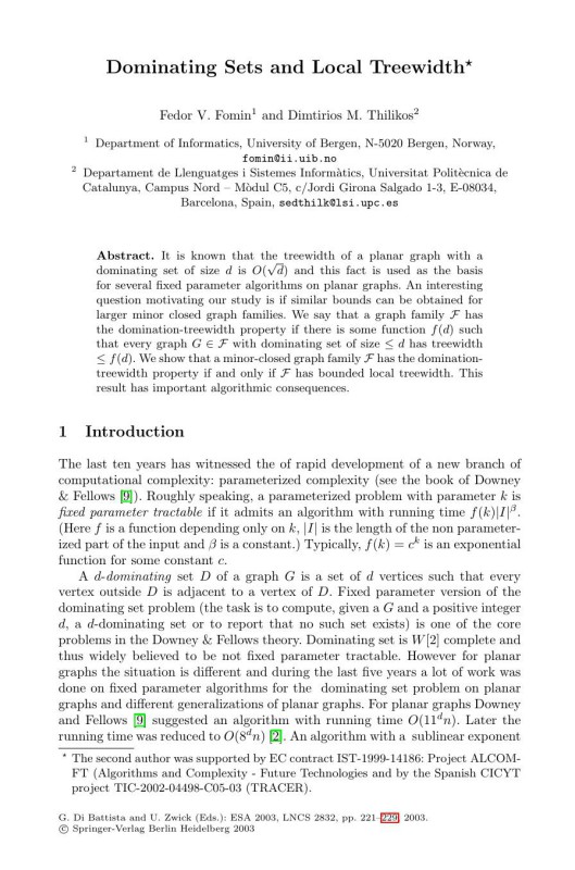 Cover of LNCS 2832 - Dominating Sets and Local Treewidth