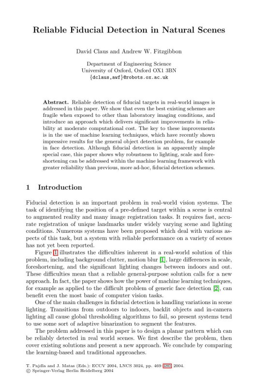 Cover of LNCS 3024 - Reliable Fiducial Detection in Natural Scenes