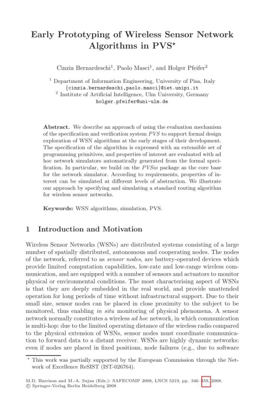 Cover of LNCS 5219 - Early Prototyping of Wireless Sensor Network Algorithms in PVS