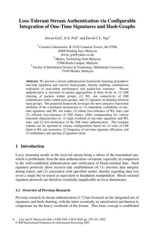 Cover of LNCS 2828 - Loss-Tolerant Stream Authentication via Configurable Integration of One-Time Signatures and Hash-Graphs