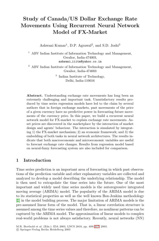 Cover of LNCS 2810 - Study of Canada/US Dollar Exchange Rate Movements Using Recurrent Neural Network Model of FX-Market